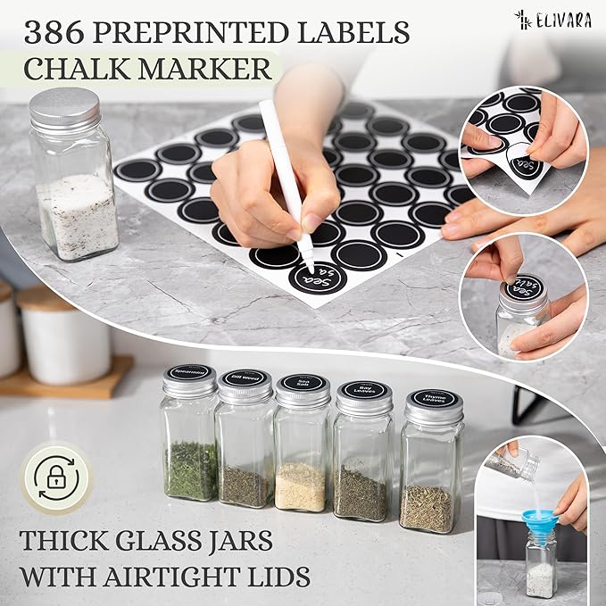 4-Tier Spice Rack Organizer Set ??Wall Mounted or Countertop ??Includes 28 Glass Spice Jars, 386 Spice Labels, Funnel, and Chalk Marker ??Kitchen Spice Storage Solution