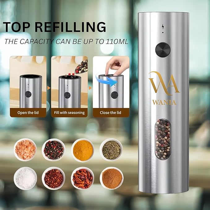 WANIA Electric Salt and Pepper Grinder Set - USB Rechargeable Base, Adjustable Coarseness, LED Light, Automatic One-Hand Operation, Stainless Steel Refillable Mills for Kitchen, BBQ & Gift