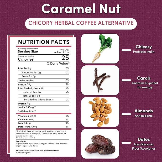 Teeccino Caramel Nut Chicory Coffee Alternative - Ground Herbal Coffee That?™s Prebiotic, Caffeine Free & Acid Free, Medium Roast, 11 Ounce