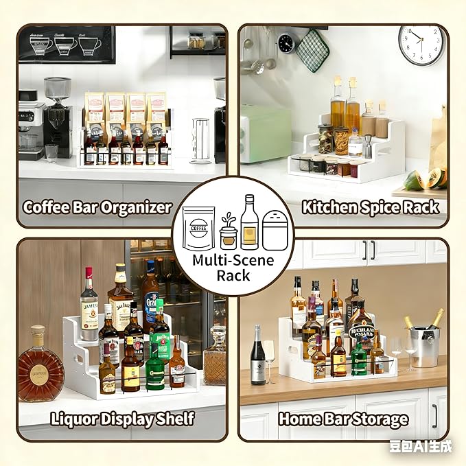 Liquor Bottle Display Shelf,Wood Syrup Organizer Rack,3 Step Countertop Organizer Wine Rack,Rustic Coffee Station Accessories for Syrup (White)