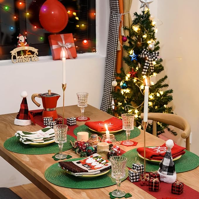 FunWheat Round Braided Placemats Set of 6 Table Mats for Dining Tables Woven Washable Non-Slip Place mats (Green Shining, 6pcs)
