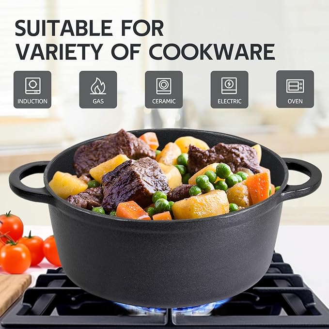 4.5 Quart Dutch Oven Enameled Cast Iron with Lid - Big Dual Handles - Oven Safe up to 500째F - Classic Round Pot for Versatile Cooking Matte Black(No Enameled
