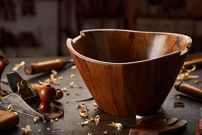 Night Tree Large wooden salad bowl with serving forks mixing, wood salad bowl set for food or fruits, magnetic utensils fit for 6?? servings, ideal to family meals or as a unique gift