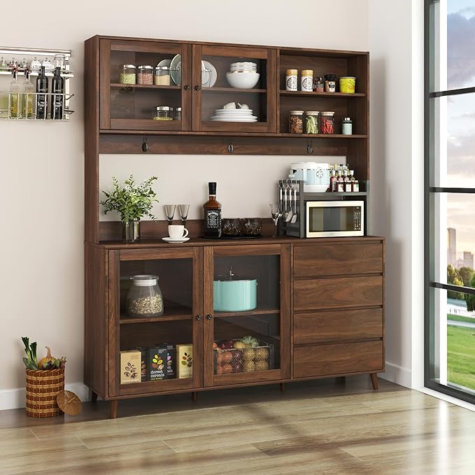 63" W Large Kitchen Hutch Cabinet, Freestanding Pantry Storage Cabinet with Hutch, 4 Doors 4 Drawers & Microwave Shelf, Buffet Sideboard Cupboard for Dining Room Kitchenette, Walnut