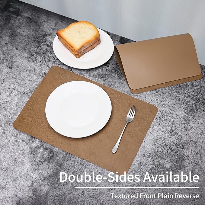 EDanle Cowhide Pattern Faux Leather Placemats Set of 6,Heat Resistant Non-Slip Waterproof Wipeable Washable Kitchen Dining PU Table Place Mats,Double-Sides Available,Light Coffee