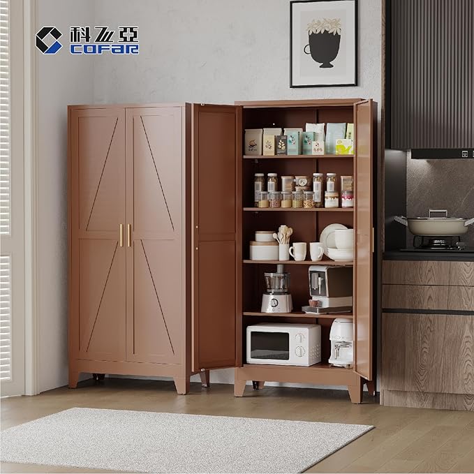 COFaR 71 in Tall Metal Storage Cabinet, Metal Cabinet with 4 Adjustable Shelves and Barn Doors, Farmhouse Cupboard Storage for Kitchen Pantry Garage, Brown 5-Tier