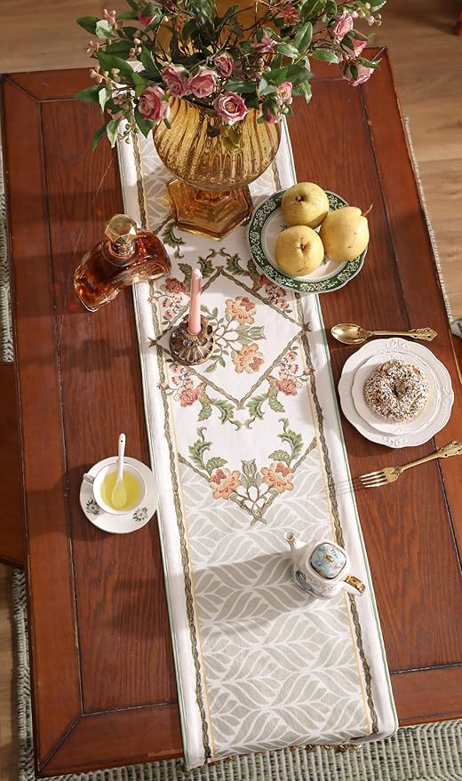 patdrea Designer French Floral Extra Long Velvet Table Runner 118 Inch Long,Green Orange Blossoms Pattern Table Mat, Decor for Kitchen Dining Coffee Table Cabinet Banquet Thanksgiving,12"*118"