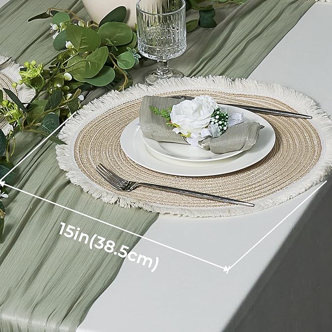 Leetaltree 15 Inch Boho Braided Placemats Set of 4 - Round Cotton Table Mats with Tassel Fringe Washable & Heat Resistant for Dining Table, Farmhouse Kitchen Decor(Beige,Set of 4)