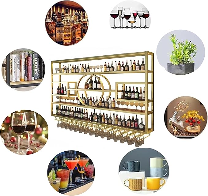 59" Metal Wine Rack Wall Mounted, Multi Functional Bar Shelves for Liquor Bottles with Glass Holder, Modern Wood Bar Shelves Wall Mounted for Home Bar & Dining Room, Gold(57" Height)