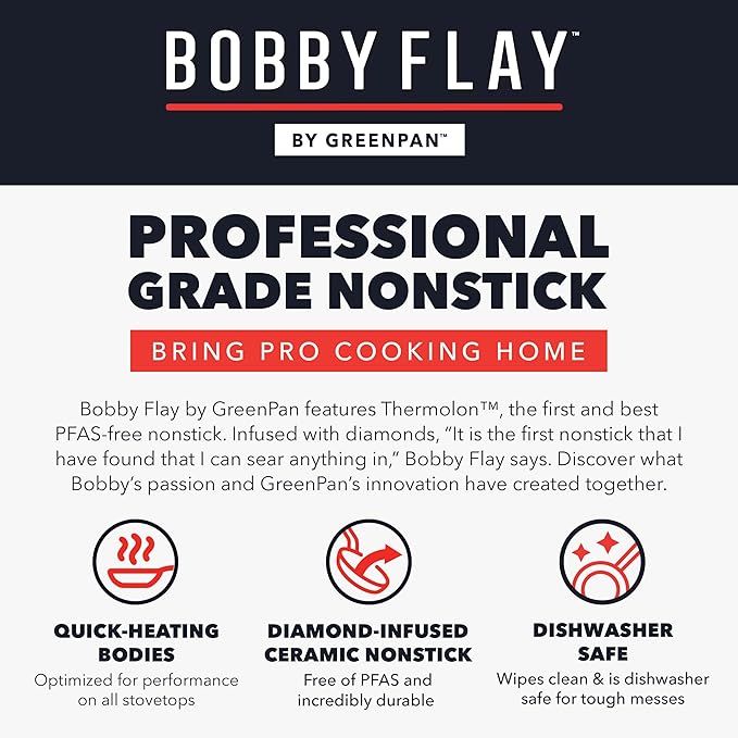 GreenPan x Bobby Flay 2 Piece- 8??and 10??Nonstick Frying Pan Skillet Set, PFAS-Free Diamond Ceramic, Induction Suitable, Stay-Cool Silicone Handle, Easy Clean Dishwasher & Oven Safe, Oxford Blue