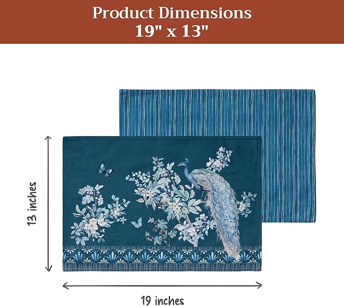 Maison d' Hermine Place Mats 100% Combed Cotton Premium (13 Inch x 19 Inch) Cloth Place Mat Washable Dinner Placemat, Dinner & Dining, Peacock Utopia - Deep Sea (Set of 4)