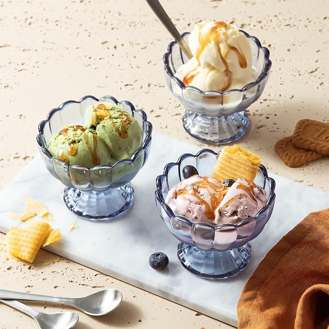 KMwares 6PCs Set 5oz Small Cute Footed Tulip Glass Dessert Bowls/Cups - Perfect for Dessert, Sundae, Ice Cream, Fruit, Salad, Snack, Cocktail, Condiment, Trifle and Christmas Holiday Party (Blue)