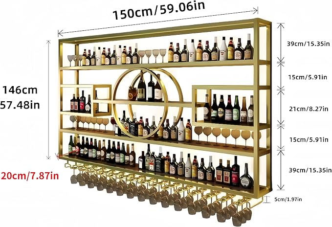 59" Metal Wine Rack Wall Mounted, Multi Functional Bar Shelves for Liquor Bottles with Glass Holder, Modern Wood Bar Shelves Wall Mounted for Home Bar & Dining Room, Gold(57" Height)