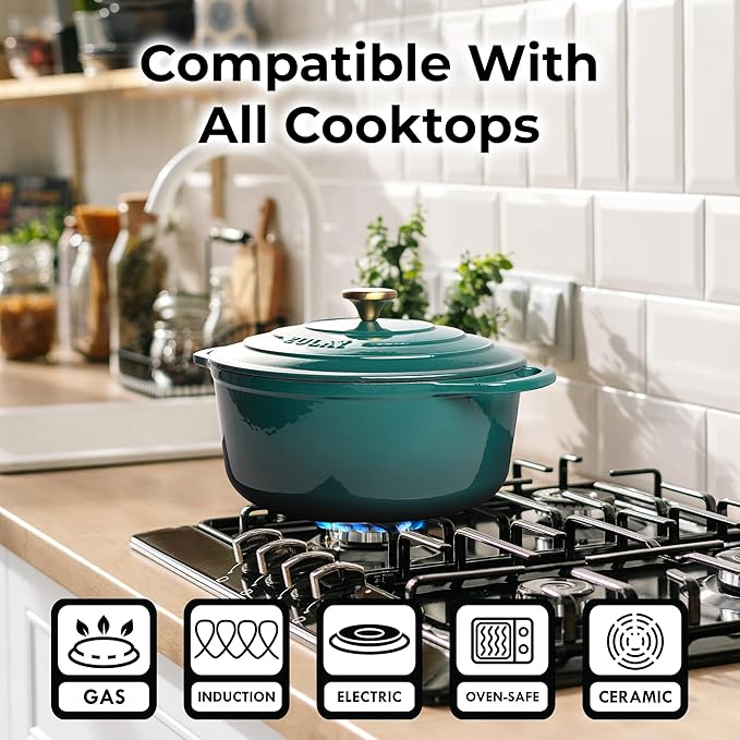 Zulay Kitchen 5 Quart Enameled Cast Iron Dutch Oven Pot with Lid ??Premium Durability & Oven Safe up to 500째F ??Heavy Duty Cookware Perfect for Bread Baking, Stews, Braising & Roasting ??Emerald