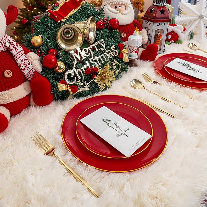 I00000 150Pcs Red Plastic Plates with Gold Rim,Fancy Plastic Plates,Nice Disposable Plates Set include 30 Dinner Plate,30 Dessert Plate, 90 plastic Silverware Set for Valentine's Day