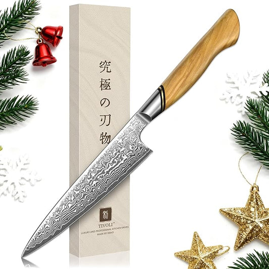 TIVOLI Kitchen Utility Knife,5 inch chef knife,Ultra Sharp Petty Knife with VG-10 Damascus Steel and Olive Wood Handle,Ideal Gift