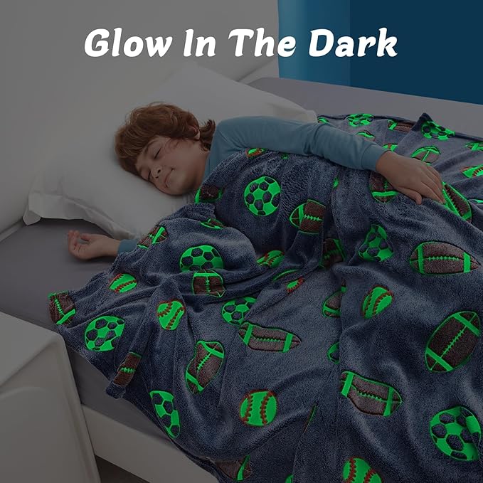 QSTEHEML Soccer Glow in The Dark Blanket,Football Gifts Toys for Kids Boys Age 3-12 Years Old,Birthday, for Toddler, Teen, Son, Soft Luminous Throw Blanket 50"횞60"