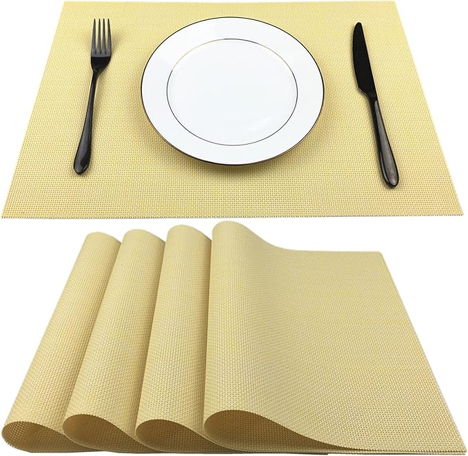 WAZAIGUR Placemats Easy to Clean Crisscross Woven Vinyl Place Mats Durable Non-Slip Heat Resistant Table Mats Placemats for Kitchen Table Set of 4,Yellow