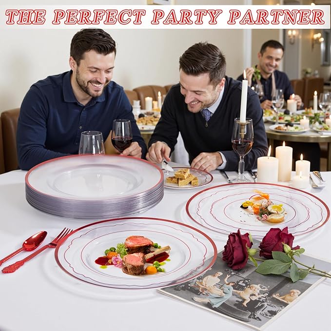 WDF 12 Inch Red Charger Plates - Charger Plates Bulk - 25Pack Plastic Clear and Red Charge Plate Perfect for Wedding/Party/Valentine's Day