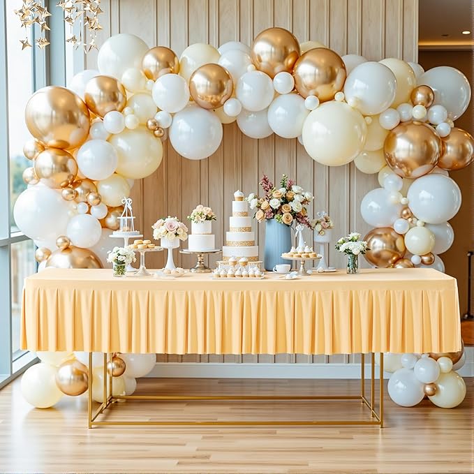 Wish Care Champagne Spandex Table Clothes for 6 Foot Rectangle Tables Wrinkle Free Ruffle Tablecloth 6ft Stretch Fitted Table Cover Skirt for Wedding Birthday Parties Banquet Dining Outdoor Tablecloth
