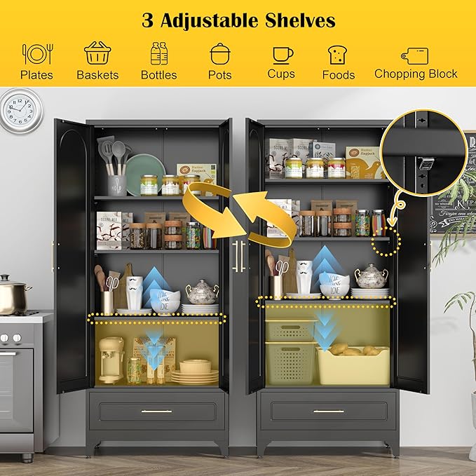 Metal Storage Cabinet with Drawers,75Inch Black Pantry Cabinets for Kitchen Storage with 3 Adjustable Shelves,Tall Kitchen Pantry Cabinet for Living Room, Dining Room竊똎ffice