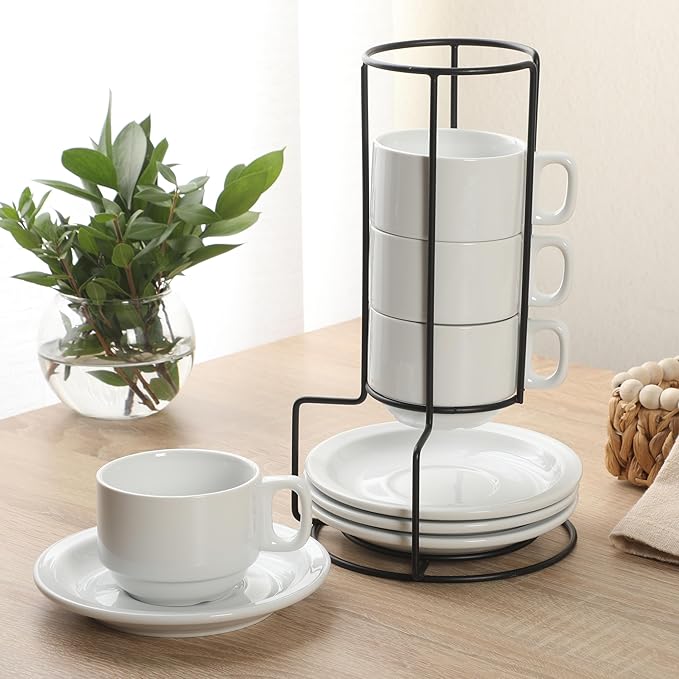Gibson Home Gracious Dining 7-Ounce Cappuccino Cups Set of 4, Stackable Coffee Cups with 4 Saucers, Metal Stand, Coffee Mugs for Latte, Caf챕, Mocha, Tea