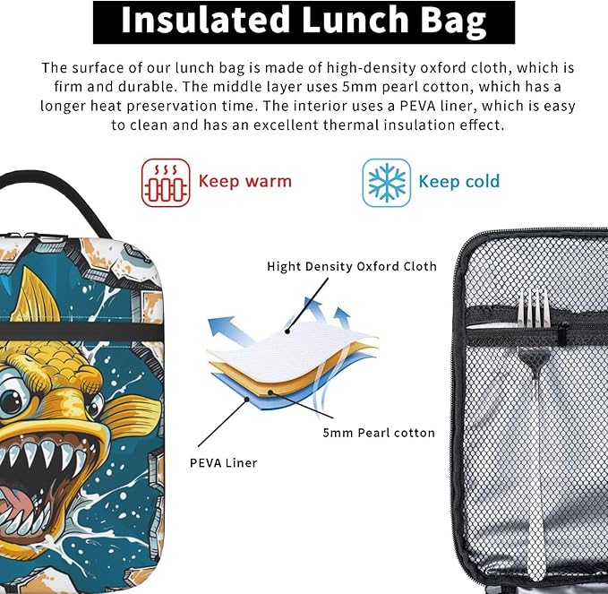 VANZEV Insulated Lunch Box for Women Men, Cute Fish Theme Lunch Box Reusable Portable Lunch Bag Cooler Tote Waterproof Lunch Container for Office Picnic Work Travel