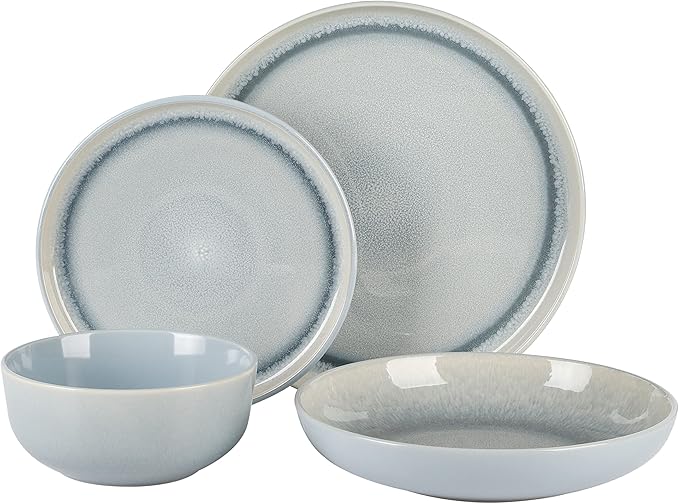 Gibson Elite Juno Moon 16-Piece Reactive Blue Double Bowl Dinnerware Set ??Durable Stoneware Plates and Bowls