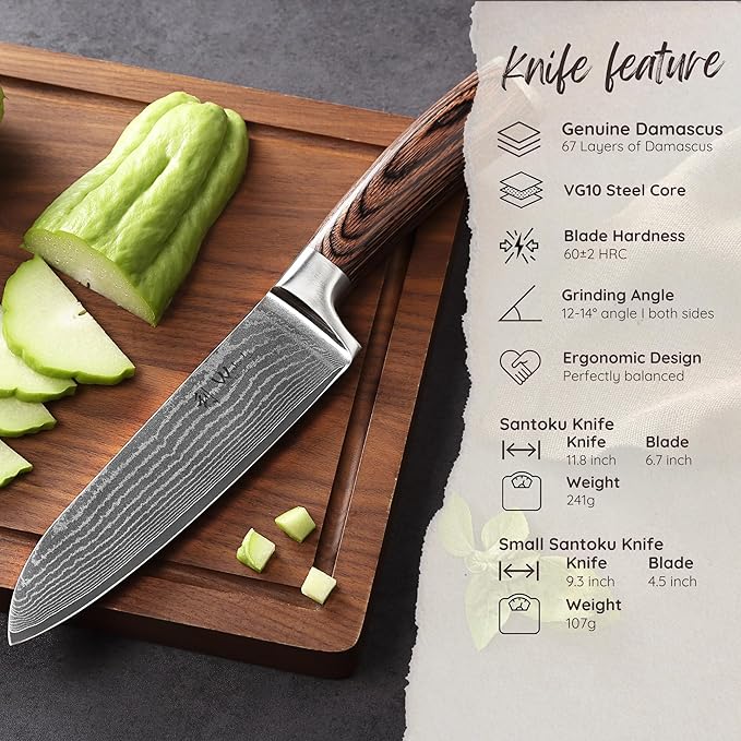 Wakoli EDIB 2-Piece Damascus Kitchen Knife Set ??Santoku & Small Santoku with VG10 Core made of 67-Layer Damascus Steel Blades ??Professional Chef Knives with Ergonomic Pakkawood Handles in Gift Box
