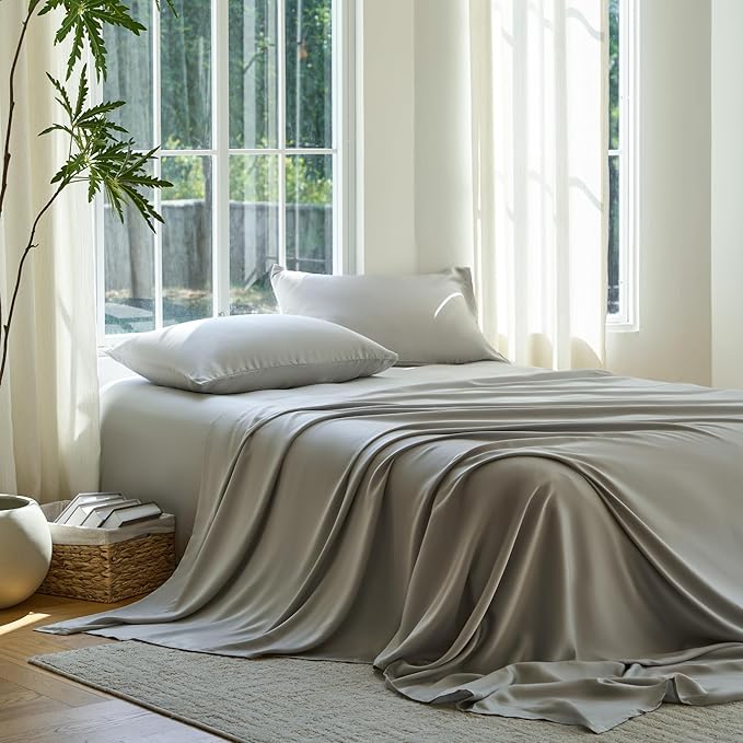 DOZ Sheet Set, 100% Viscose derived from Bamboo, Organically Grown, Buttery Soft, Cooling Sheets, High GSM, Deep Pockets - 4 Piece - 2 Pillowcases 1 Fitted Sheet 1 Top Sheet (Dove, King)