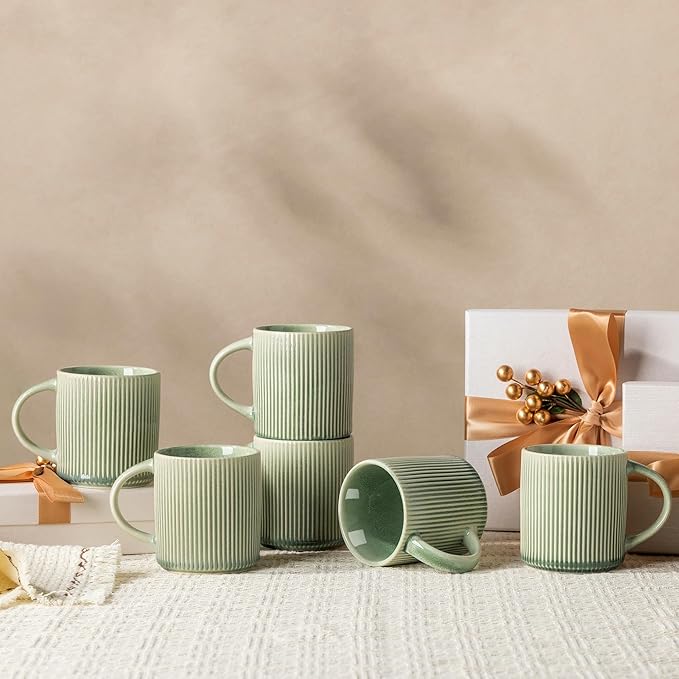 GBhome Coffee Mugs Set for 6, 11oz Coffee Cups with Handle for Man,Woman,Dad,Mom, Stoneware Mugs Sets for Coffee, Latte,Tea, Hot Cocoa, Milk, Dishwasher&Microwave Safe,Light Green