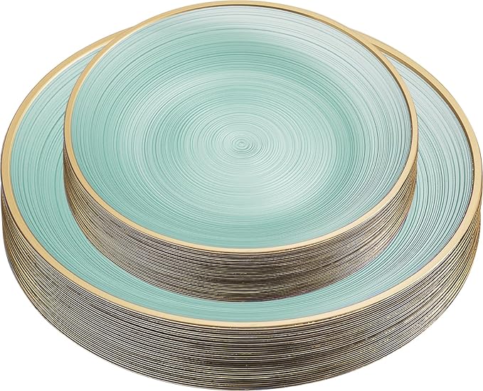 PLASTICPRO 64 Pieces Crystal Design Plastic Plates Combo Pack 7 inch and 10 inch Gold Rim Elegant Disposable Plates, Transparent Green