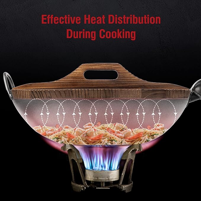 YOSUKATA Carbon Steel Wok Pan ??13,5 ??Stir Fry Pans with Flat Bottom + Wooden Wok Lid 13.5 in with Ergonomic Handle + 17" Spatula and Ladle and Turner