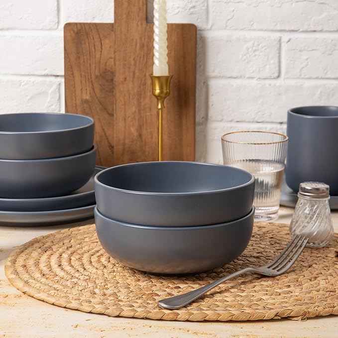 Furrnook 12-Piece Stoneware Dinnerware Set with Mugs | Microwave and Dishwasher Friendly | Stackable Matte Glaze Plates & Bowls | Service for 3 (Blue for 4)