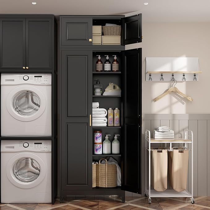 90?쒴itchen Pantry Cabinet,Metal Storage Cabinets with Doors and 4 Adjustable Shelves,Black Kitchen Cabinet with 2 Gold Handles,Tall Cabinet for Livingroom, Bathroom