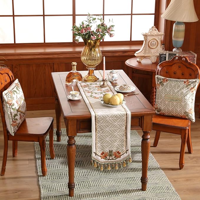 patdrea Designer French Floral Extra Long Velvet Table Runner 118 Inch Long,Green Orange Blossoms Pattern Table Mat, Decor for Kitchen Dining Coffee Table Cabinet Banquet Thanksgiving,12"*118"