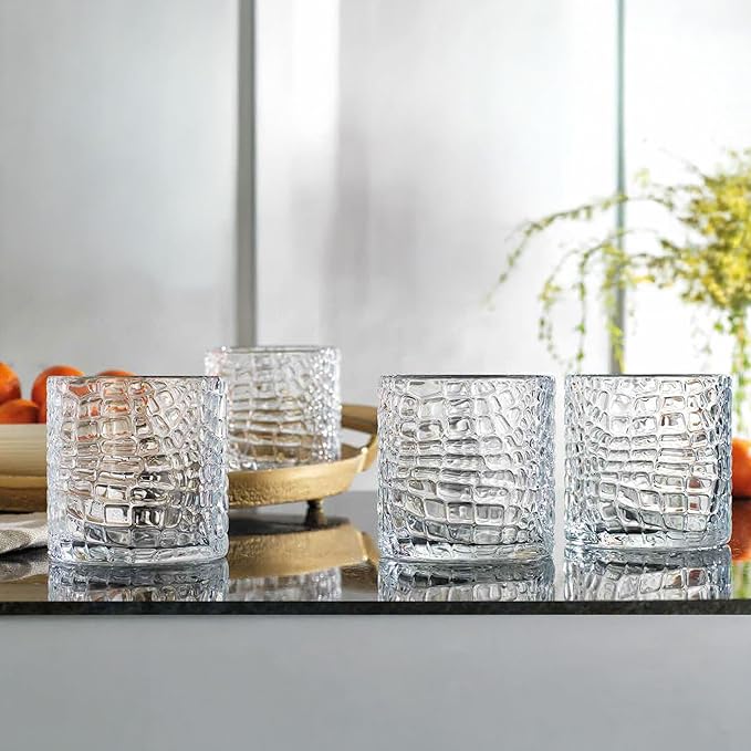 Glaver's DOF Set of 4 Clear 13oz Drinking Glasses Patent Crackle Textured Design Double Old Fashioned Whiskey Glasses Home Everyday Bar Glassware