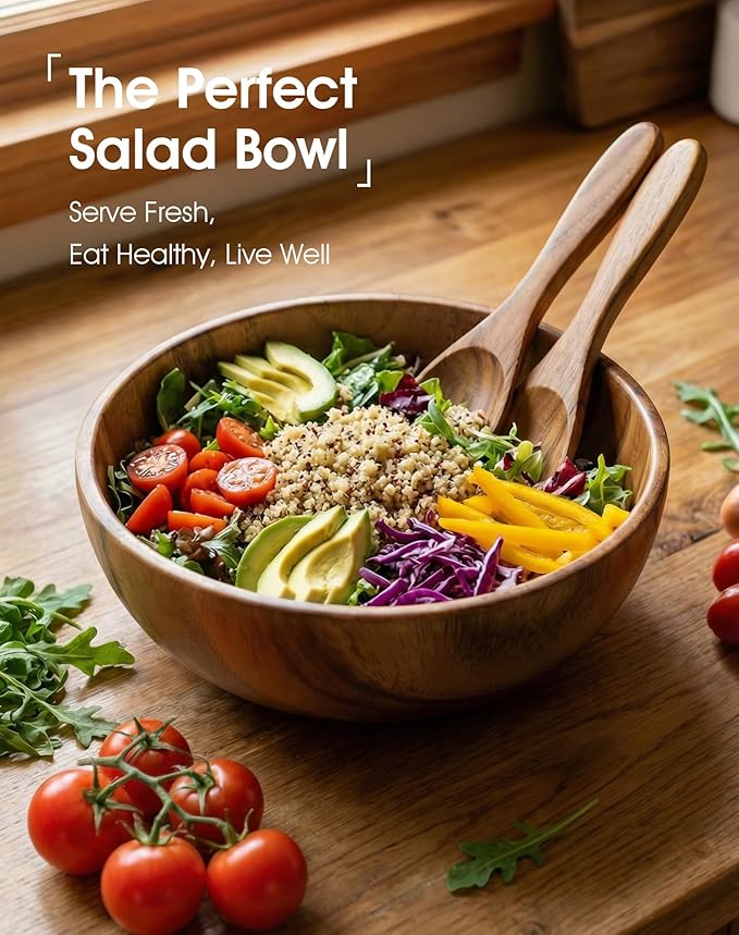 Acacia Wood Salad Bowl Set, 3-Piece Natural Solid Wood Serving Bowls, Handcrafted & Hand-Polished, Wooden Salad Bowls for Kitchen & Dining for Pasta, Yogurt, Fruit, Snacks & Gift Giving