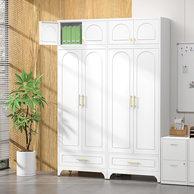 Kitchen Pantry Cabinet竊?0" Storage Cabinets with Doors and Shelves,Metal Pantry Cabinet with Drawers,White Kitchen Cupboard for Livingroom,Pantry, Bathroom