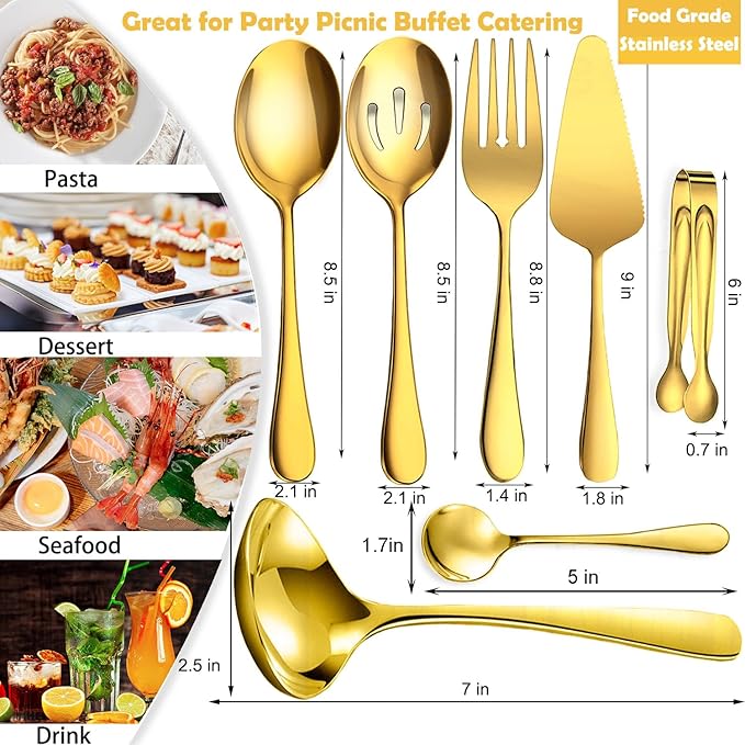 8 PCS Stainless Steel Serving Utensils, Large Serving Spoons Slotted Spoons, Forks, Ice Suger Tongs, Cake Server, Soup Ladle, Metal Utensils Set Great for Buffet Catering Banquet Party, Gold