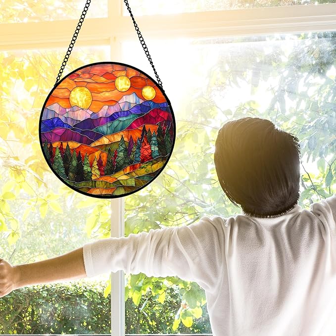 Stained Glass Window Hanging, Sunset Abstract Sun Catchers Colorful Glass Panel Landscape Suncatcher Decor for Birthday for Women, Men, Wife, Aunt, and Mom 9.8 in