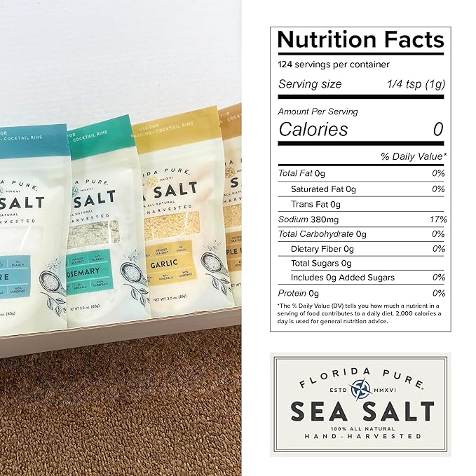 Florida Pure Sea Salt Gift Set - 4 Flavors Bundle with Garlic, Rosemary, Maple Bacon & Pure | Hand-Harvested, Mineral-Rich, All-Natural - Flaky Sea Salt for Baking Cooking, Seasoning & Enhancing Taste