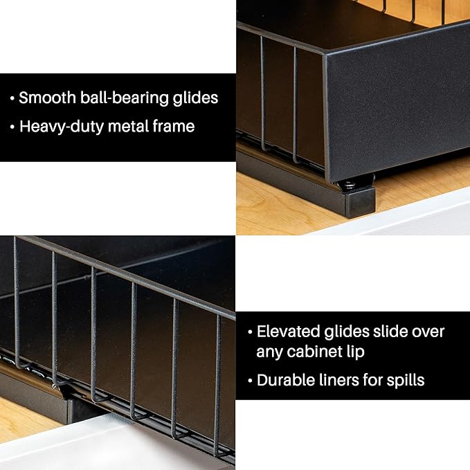 LYNK PROFESSIONAL짰 Pull Out Under Sink Kitchen Cabinet Organizer - 10" W x 14" D 2-Tier Drawer - Sliding Shelf Organizer for Cabinets and Undersink Storage Shelves - Lifetime Ltd. Warranty ??Black