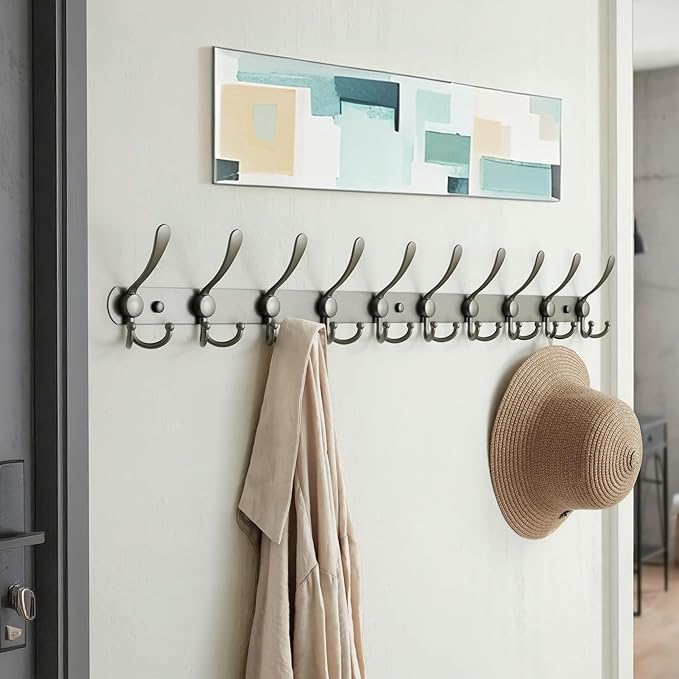 Dseap Coat Rack Wall Mount - 38??Long 10-Tri-Hooks Heavy Duty Coat Hanger Rail Wall Hooks for Hanging Coats Hats Clothing Clothes Purse Mudroom Entryway, Gray