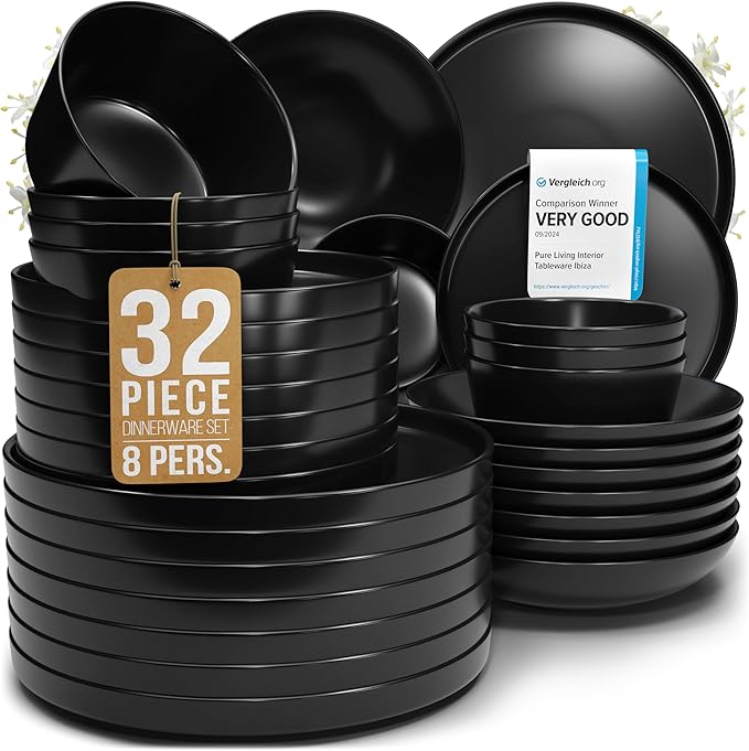 Stoneware dinnerware set 8 persons 32 pcs ??Matte black style plates and bowls set ??Dishwasher and microwave safe ??Bowl and plate set ??Dinner service Pure Living Interior Design