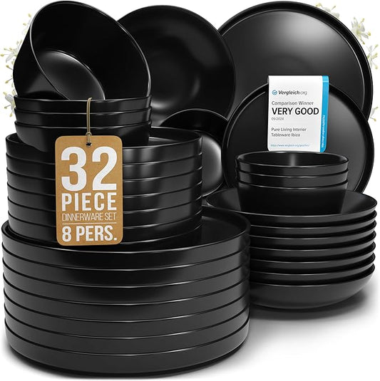 Stoneware dinnerware set 8 persons 32 pcs ??Matte black style plates and bowls set ??Dishwasher and microwave safe ??Bowl and plate set ??Dinner service Pure Living Interior Design