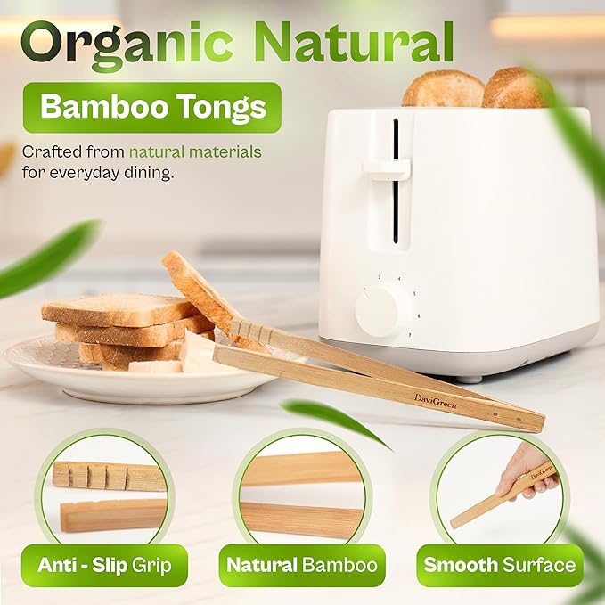 Bamboo Tongs Set of 2, 10 Inch ??Natural Wooden Kitchen Tongs for Cooking, BBQ, Salad, Toast & Nonstick Cookware