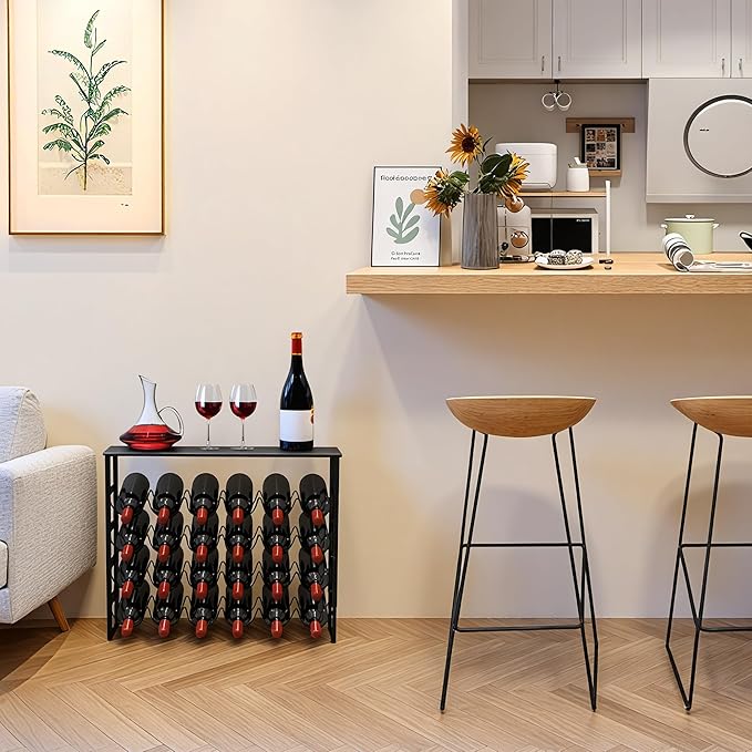 TONLEA 4 Tier Wine Rack - 3-in-1, Stackable, 24-Bottle Wine Storage Rack with Wood Top for Cabinet or Pantry (Dark Black, Version 3.0)