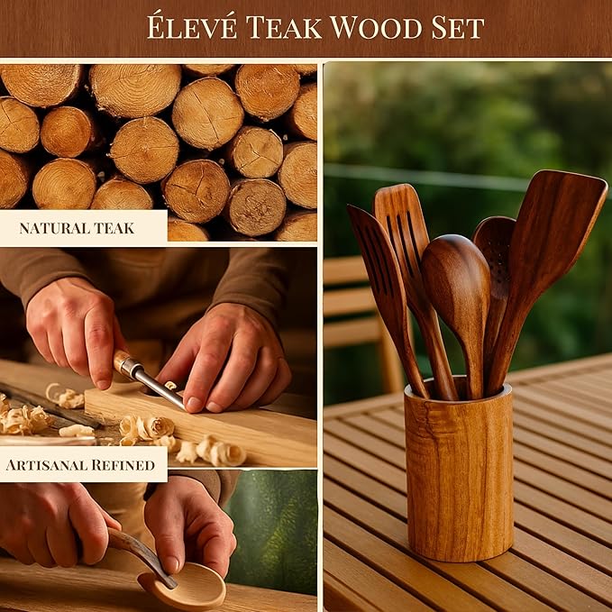 Natural Teak Wooden Spoons for Cooking & Serving Spoons | 9-Piece Home and Kitchen Wooden Utensil Set with Utensil Holder & Spoon Rest | Durable and Non-Stick Wooden Kitchen Utensils Set