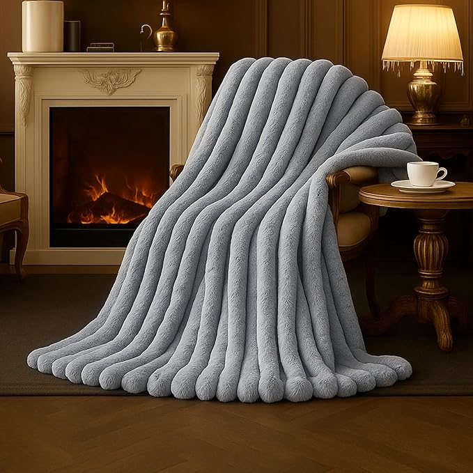 Am챕lie Home Faux Fur Throw Blanket for Couch, Cozy Fuzzy Fluffy Fur Luxurious Soft Striped Plush Gift Blankets for Family Sofa Chair, 60"x80", Light Grey